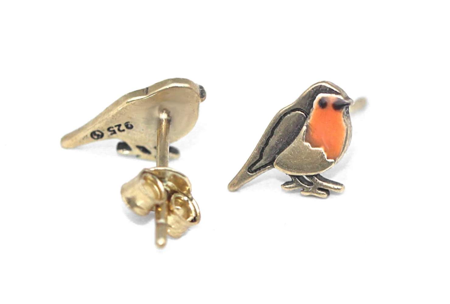Robin bird stud earrings. Small robin birds with orange enamel